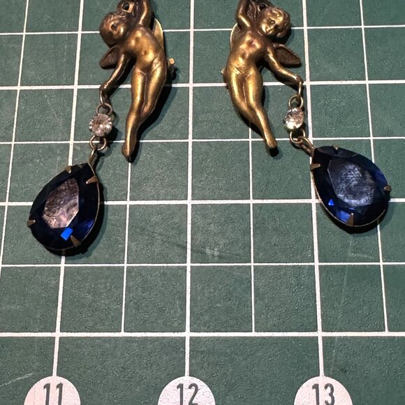 Vintage Joseff Of Hollywood Cherub Earrings With Cobalt Blue Austrian Crystals & - Picture 2 of 6